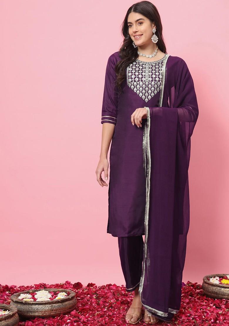 Purple Floral Embroidered Poly Blend Kurta Set