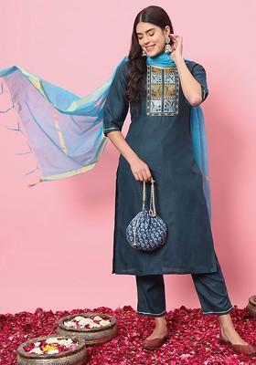 Teal Printed Poly Blend Kurta Set
