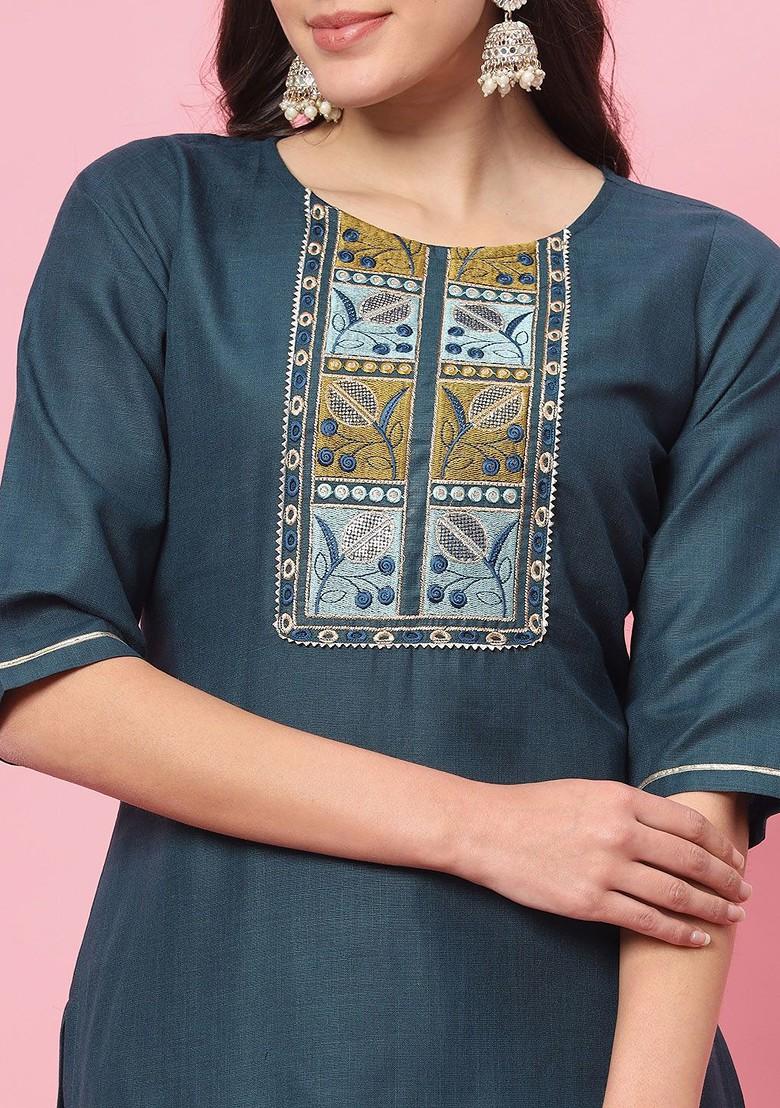 Teal Printed Poly Blend Kurta Set