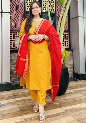Yellow Ethnic Motifs Embroidery Poly Blend Kurta Set