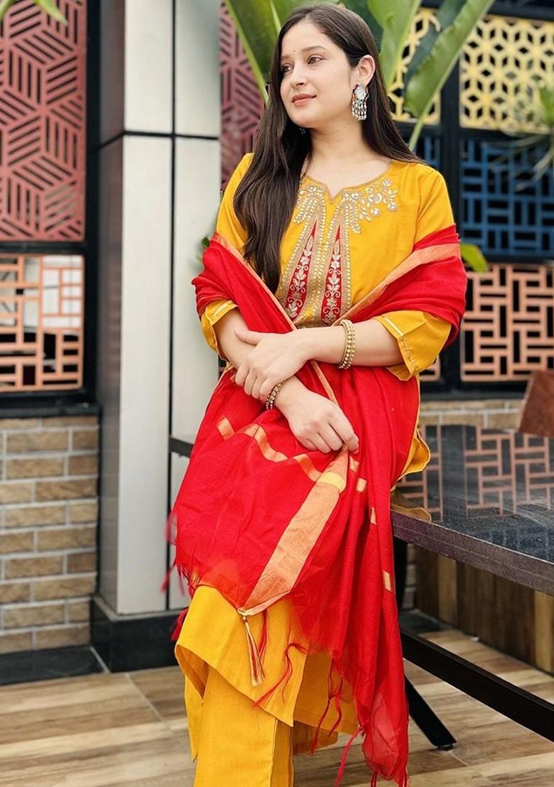 Yellow Ethnic Motifs Embroidery Poly Blend Kurta Set