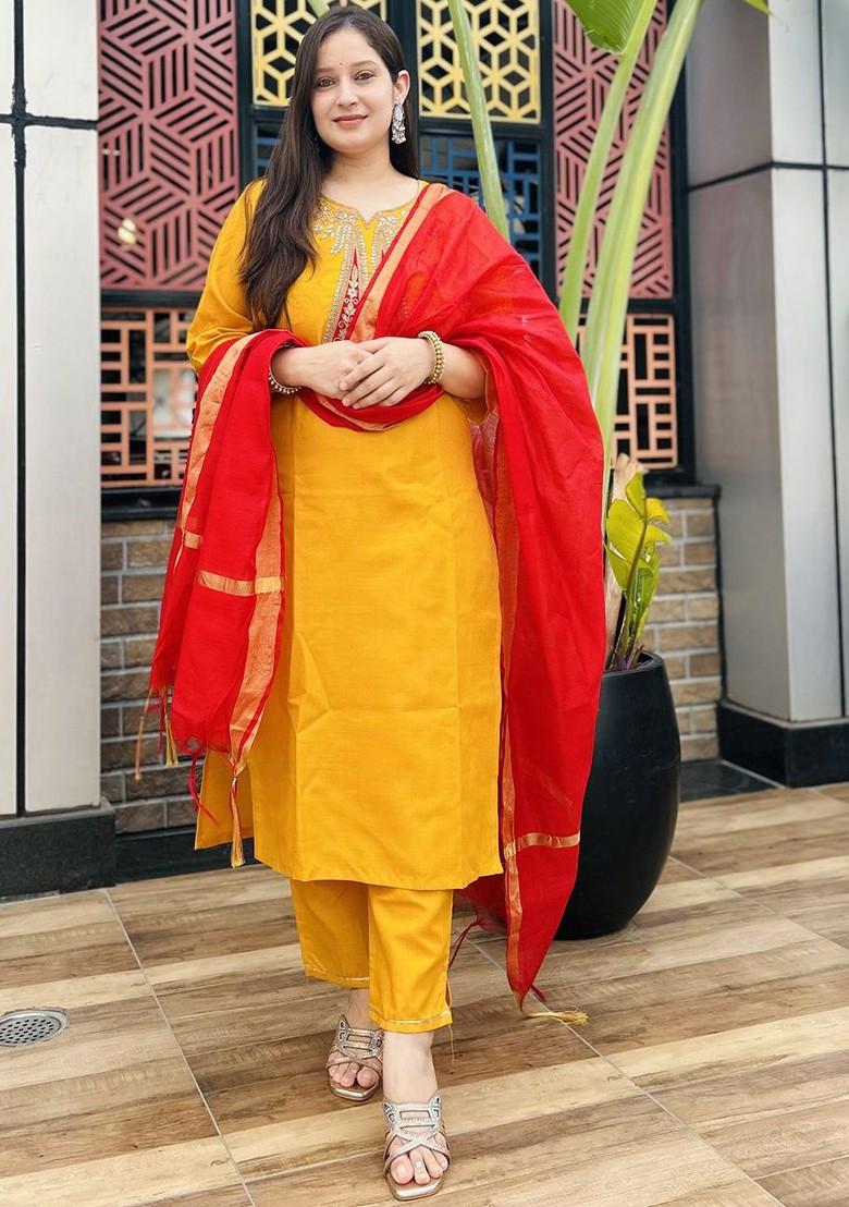 Yellow Ethnic Motifs Embroidery Poly Blend Kurta Set