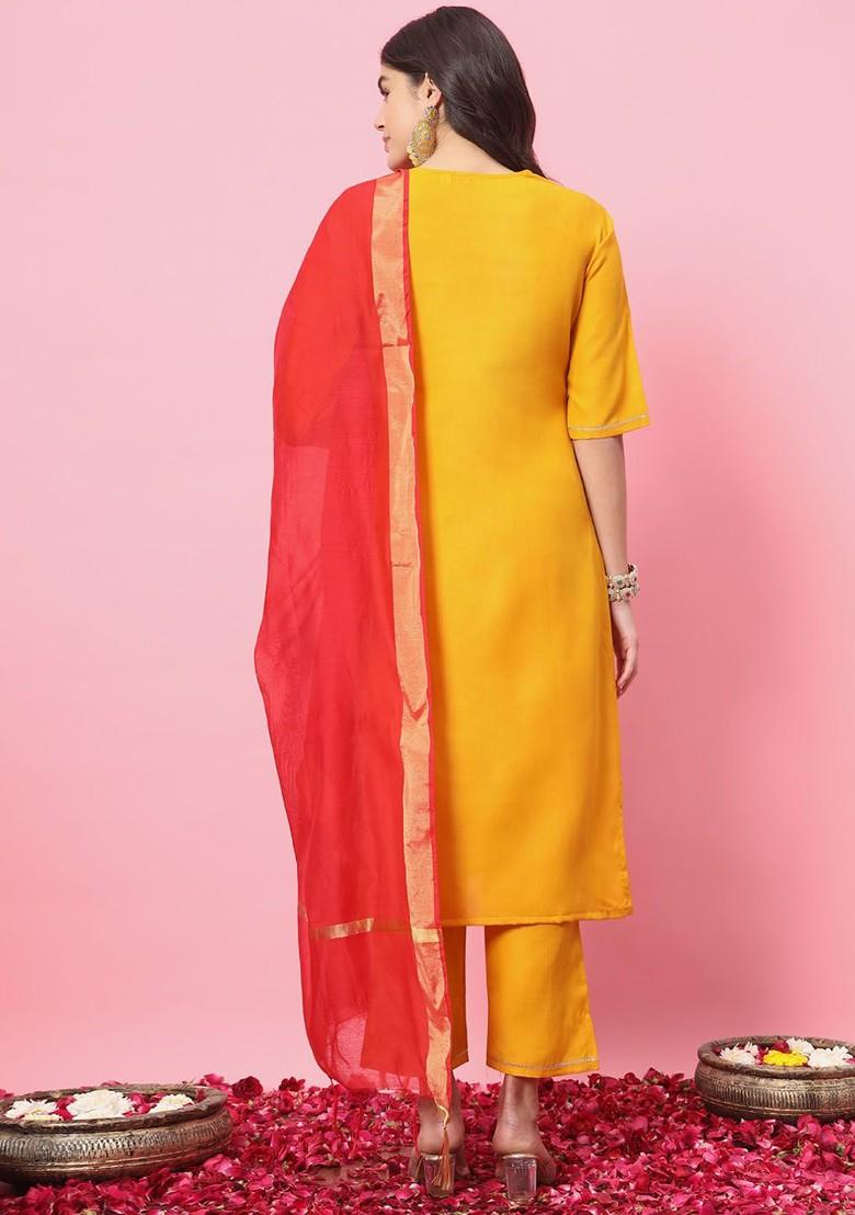 Yellow Printed Poly Blend Kurta Set