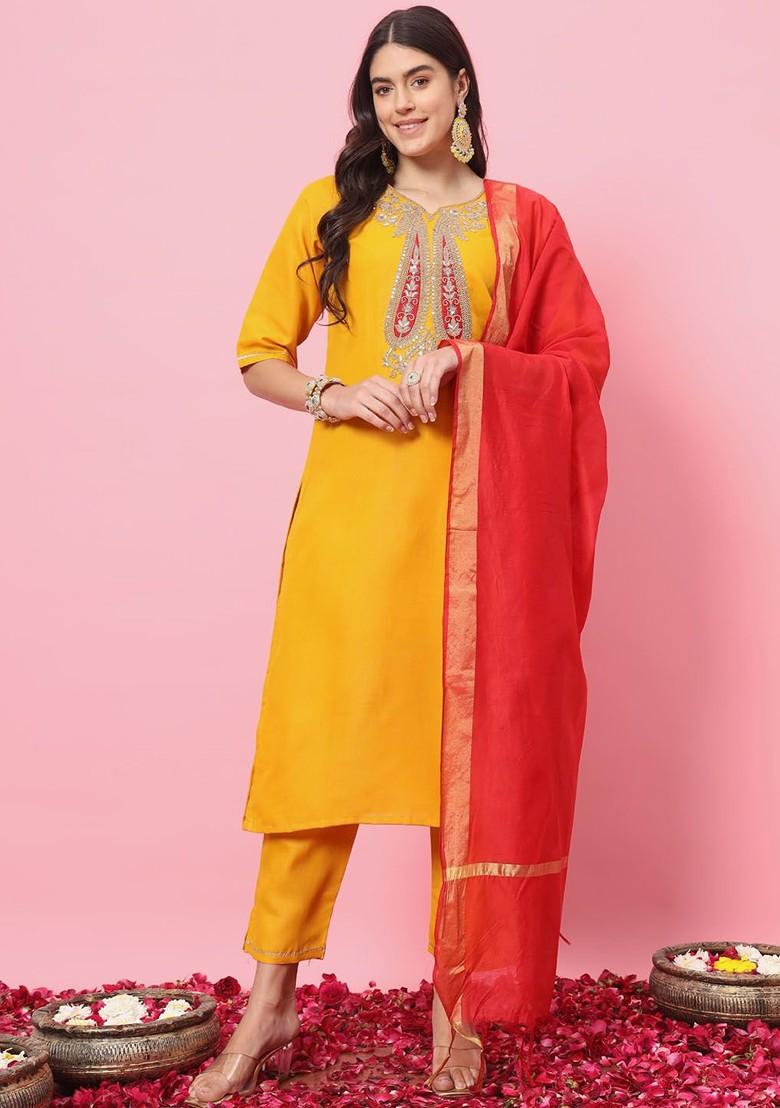 Yellow Printed Poly Blend Kurta Set