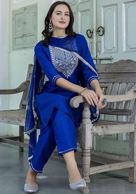 Blue Floral Embroidered Poly Blend Kurta Set