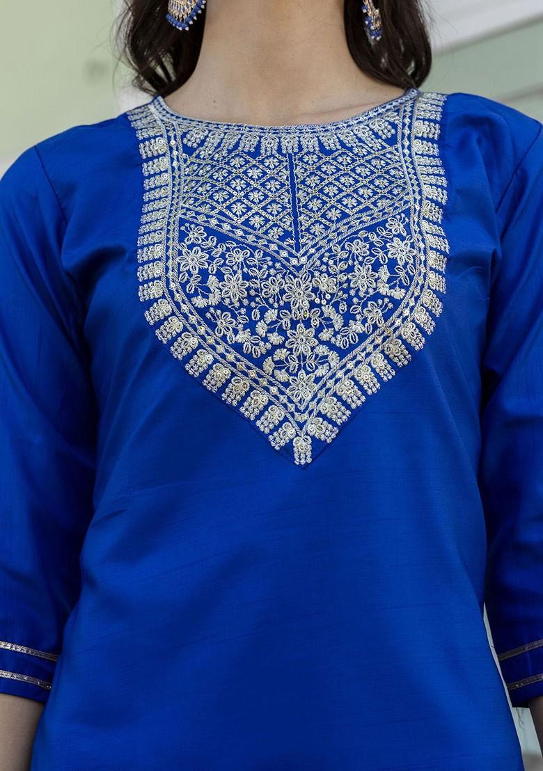 Blue Floral Embroidered Poly Blend Kurta Set