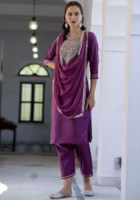Pink Floral Embroidered Poly Blend Kurta Set