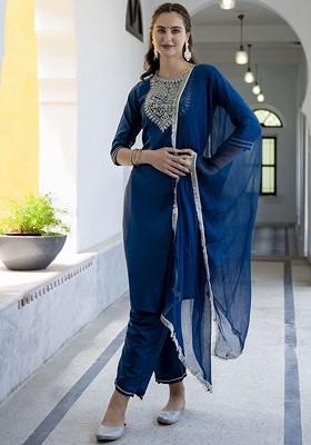 Blue Floral Embroidered Poly Blend Kurta Set