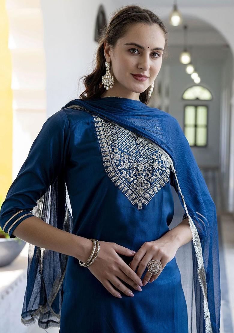 Blue Floral Embroidered Poly Blend Kurta Set