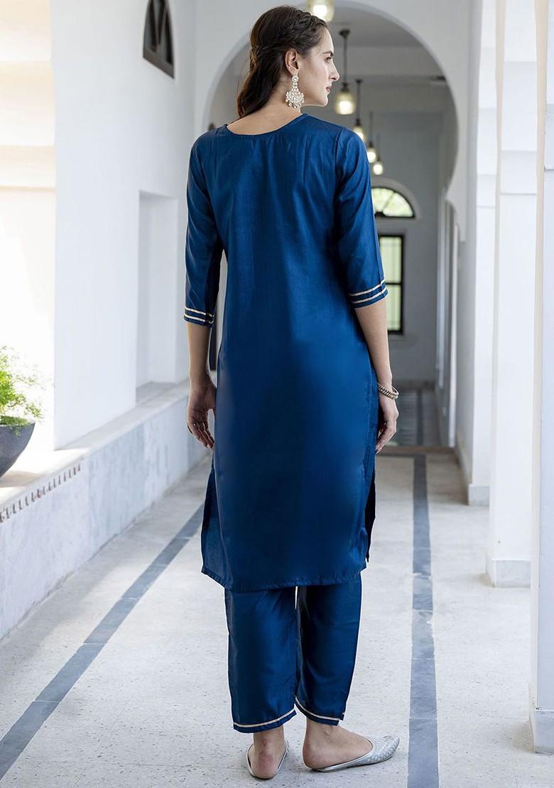 Blue Floral Embroidered Poly Blend Kurta Set