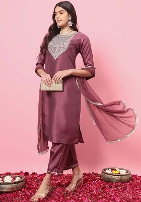 Pink Floral Embroidered Poly Blend Kurta Set