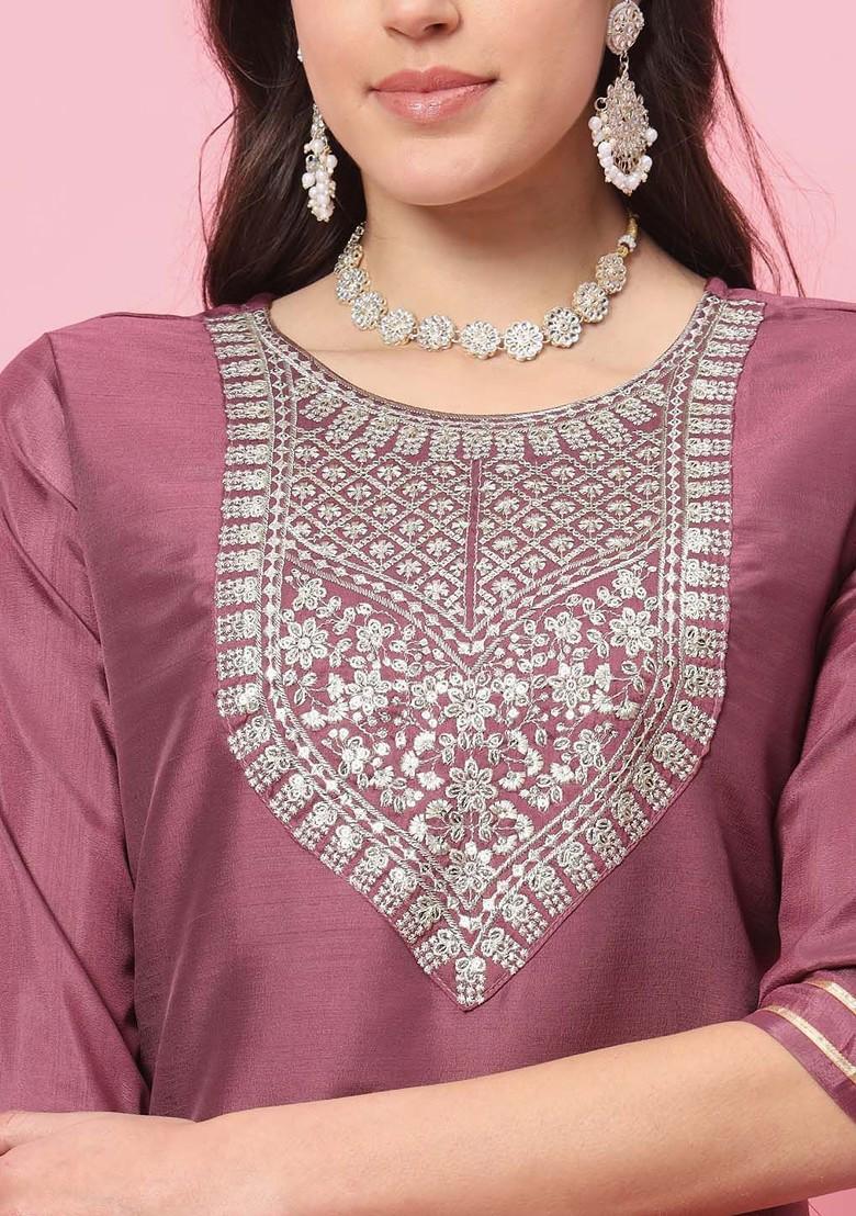 Pink Floral Embroidered Poly Blend Kurta Set