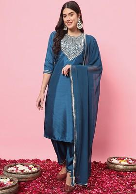 Blue Printed Poly Blend Kurta Set