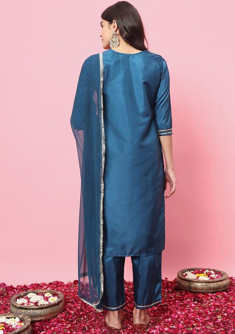 Blue Printed Poly Blend Kurta Set
