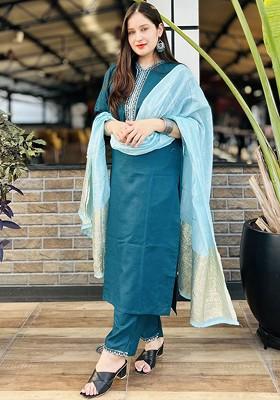 Teal Printed Poly Blend Kurta Set
