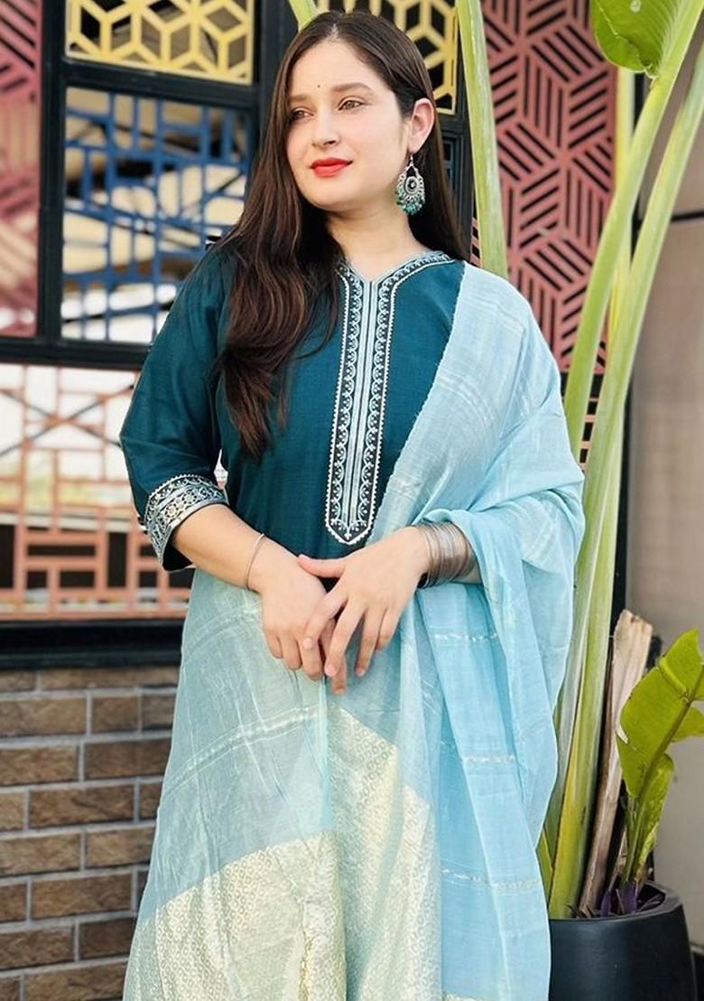 Teal Printed Poly Blend Kurta Set