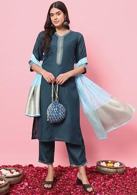 Teal Ethnic Motifs Embroidery Poly Blend Kurta Set