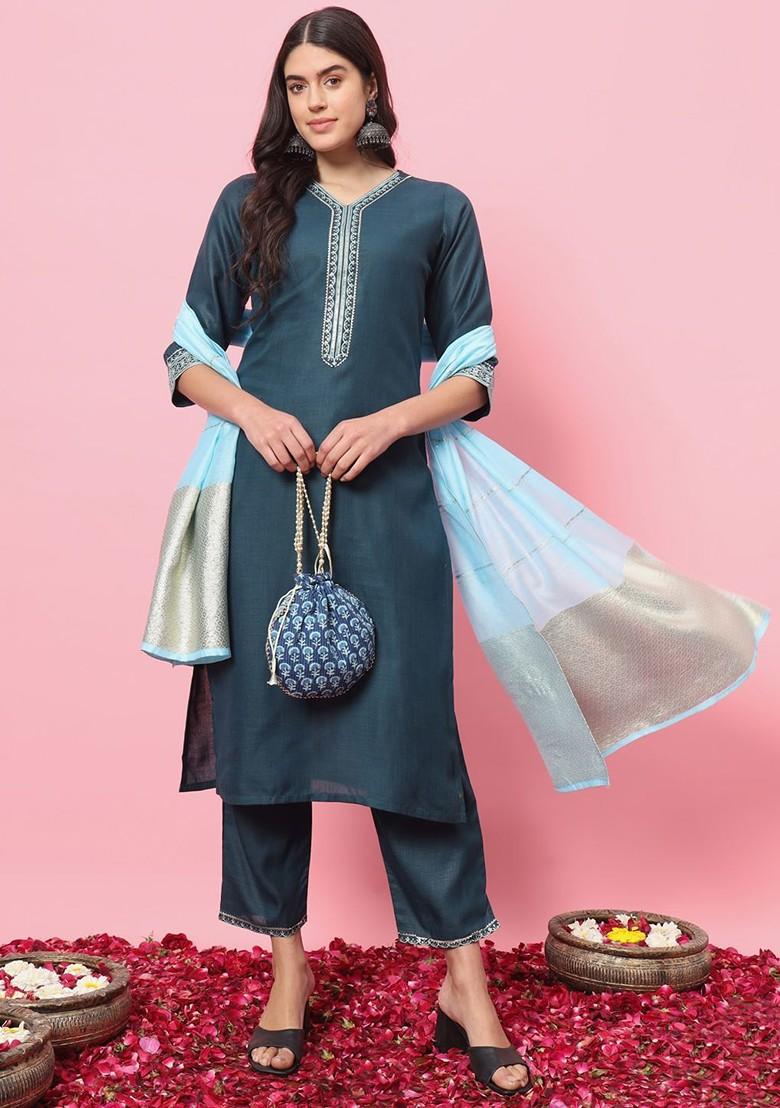 Teal Ethnic Motifs Embroidery Poly Blend Kurta Set