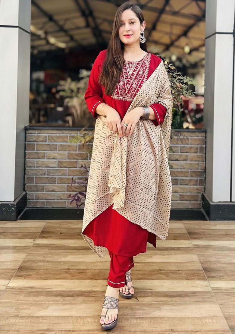 Maroon Printed Poly Blend Kurta Set