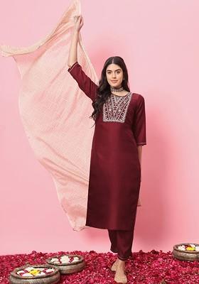 Maroon Printed Poly Blend Kurta Set
