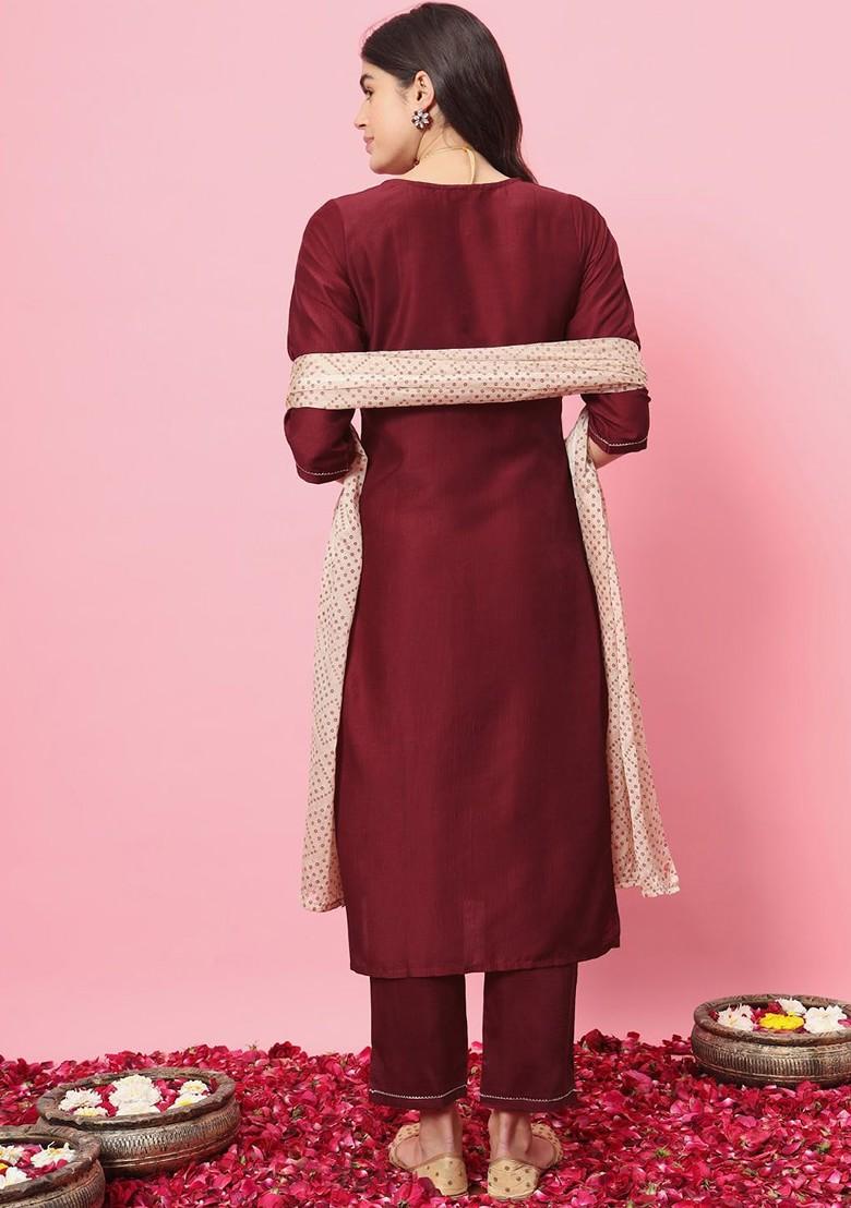 Maroon Printed Poly Blend Kurta Set