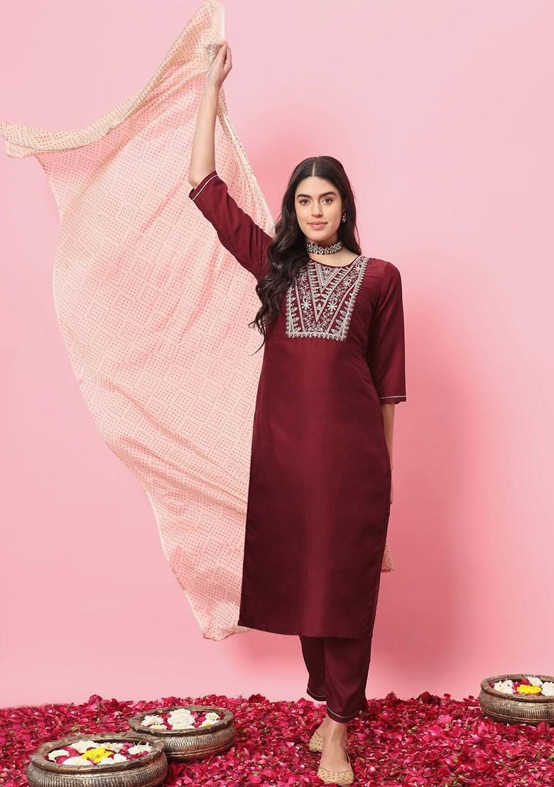 Maroon Printed Poly Blend Kurta Set