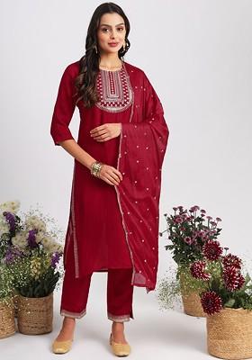 Pink Ethnic Motifs Embroidery Poly Blend Kurta Set