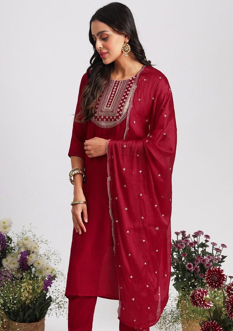 Pink Ethnic Motifs Embroidery Poly Blend Kurta Set