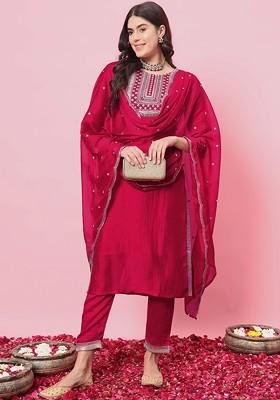 Pink Printed Poly Blend Kurta Set