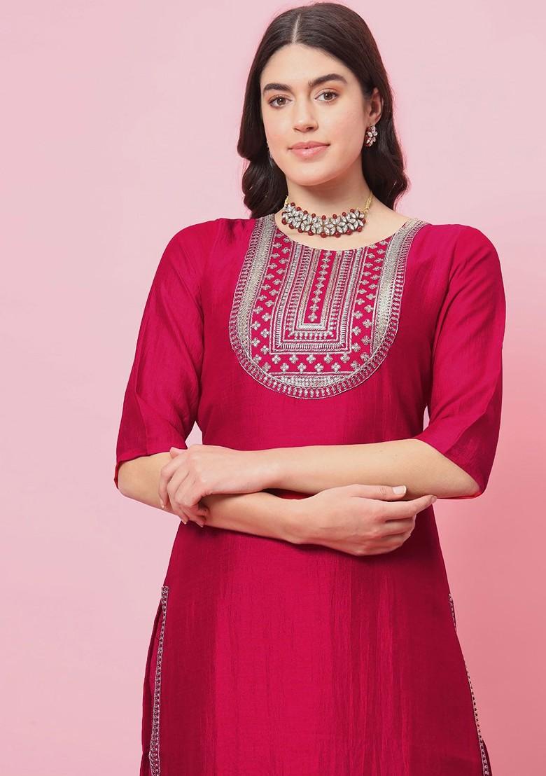 Pink Printed Poly Blend Kurta Set
