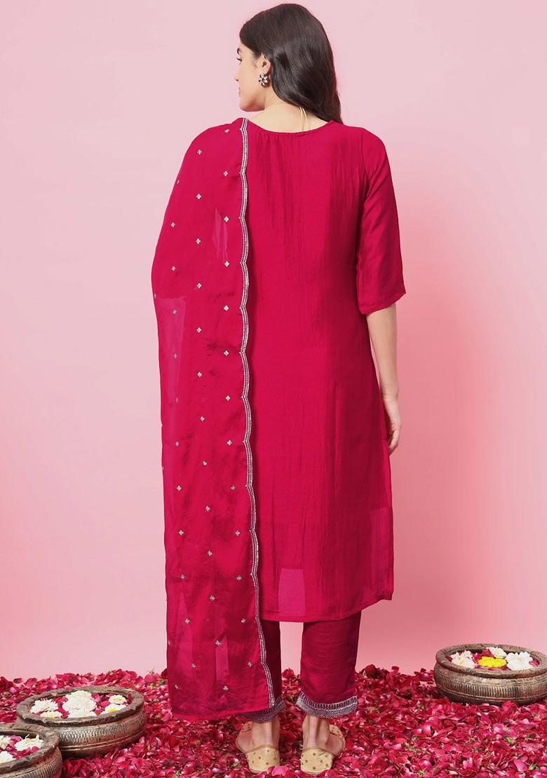Pink Printed Poly Blend Kurta Set