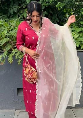 Red Printed Poly Blend Kurta Set