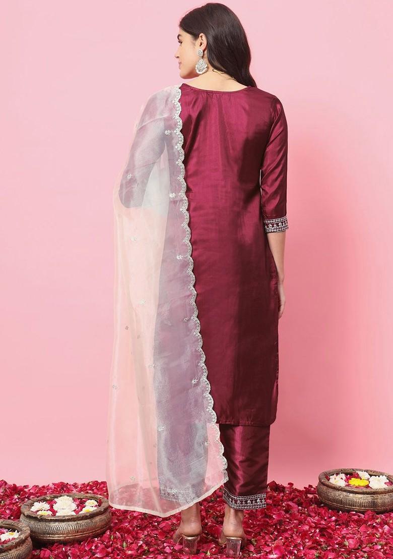 Red Printed Poly Blend Kurta Set