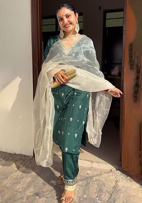 Green Printed Poly Blend Kurta Set