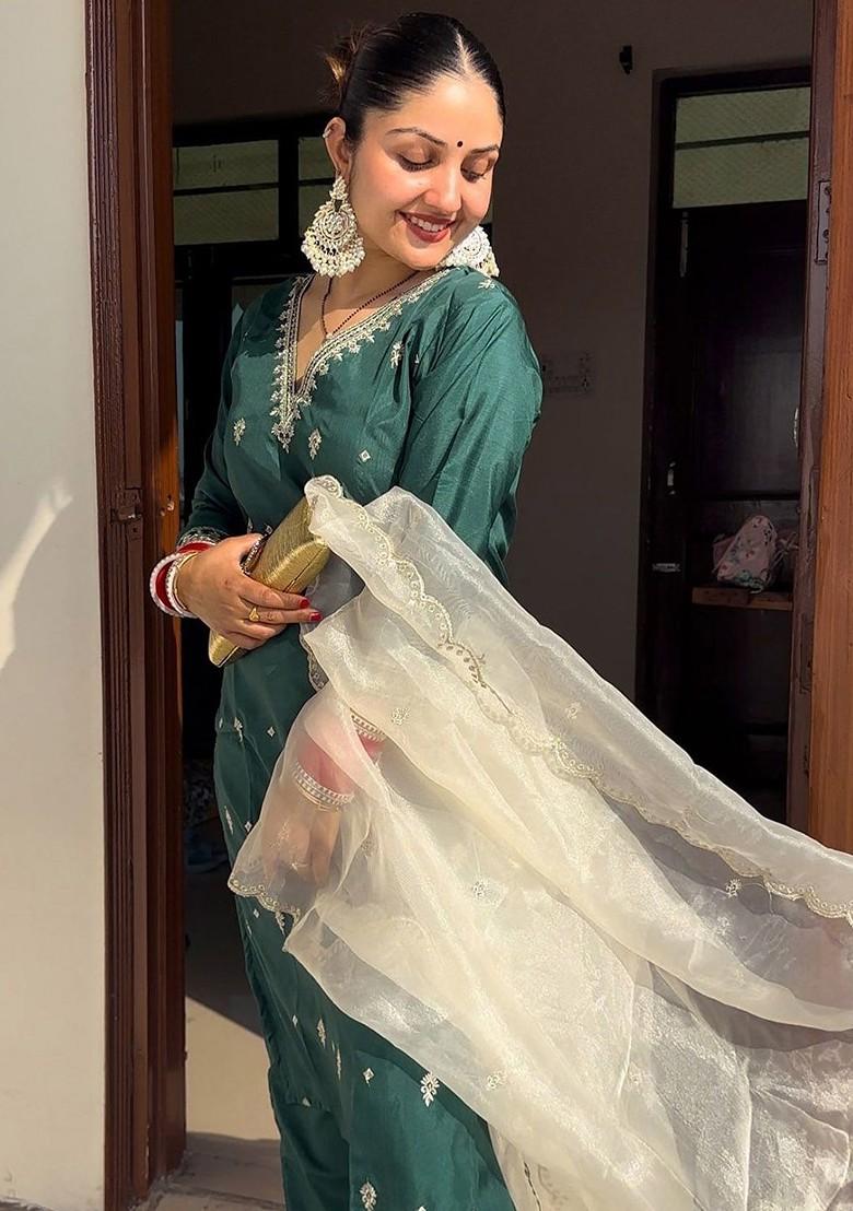 Green Printed Poly Blend Kurta Set