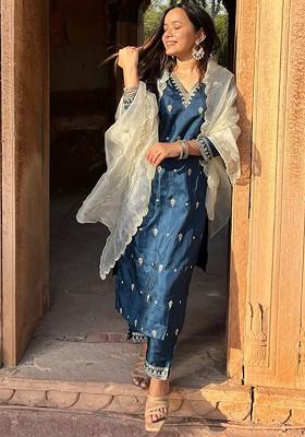 Teal Printed Poly Blend Kurta Set