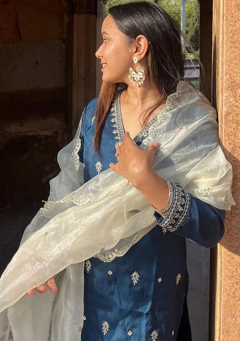 Teal Printed Poly Blend Kurta Set