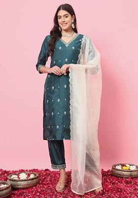 Green Floral Embroidered Poly Blend Kurta Set