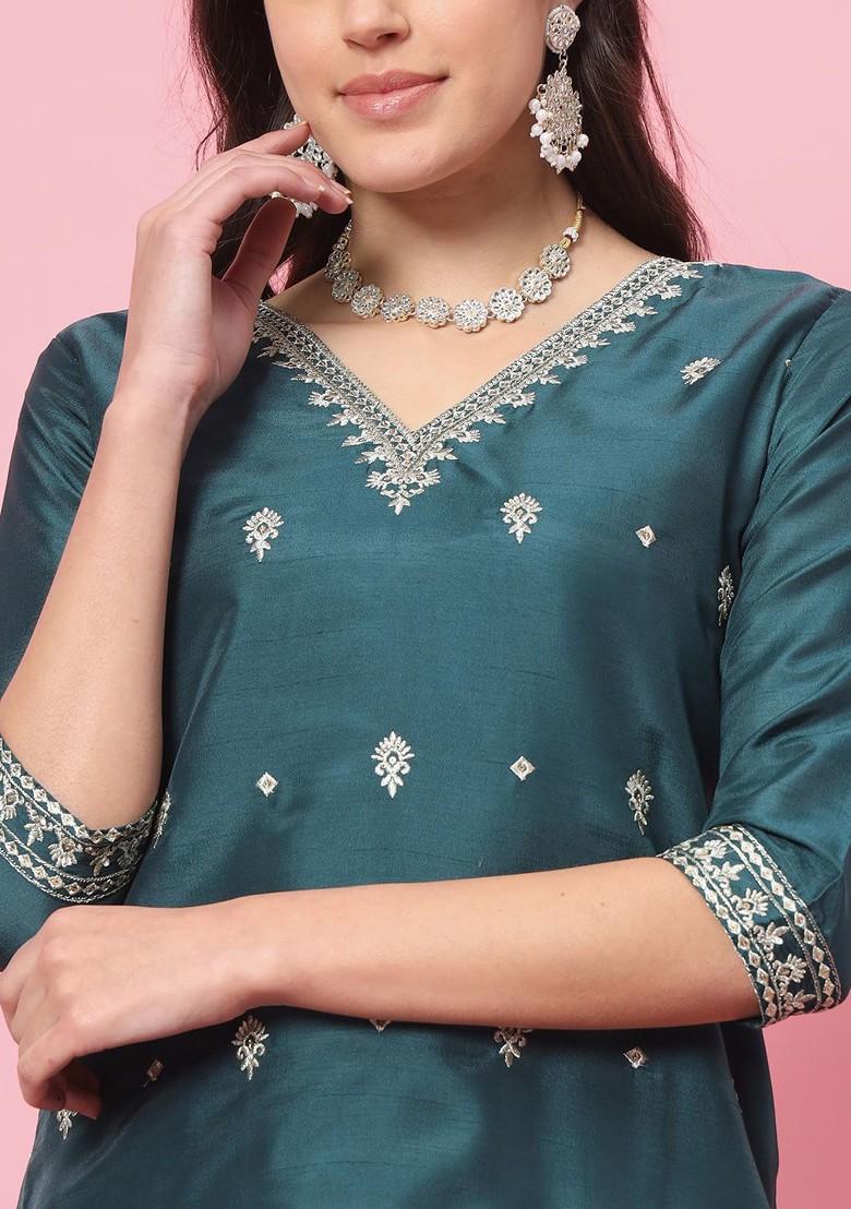 Green Floral Embroidered Poly Blend Kurta Set