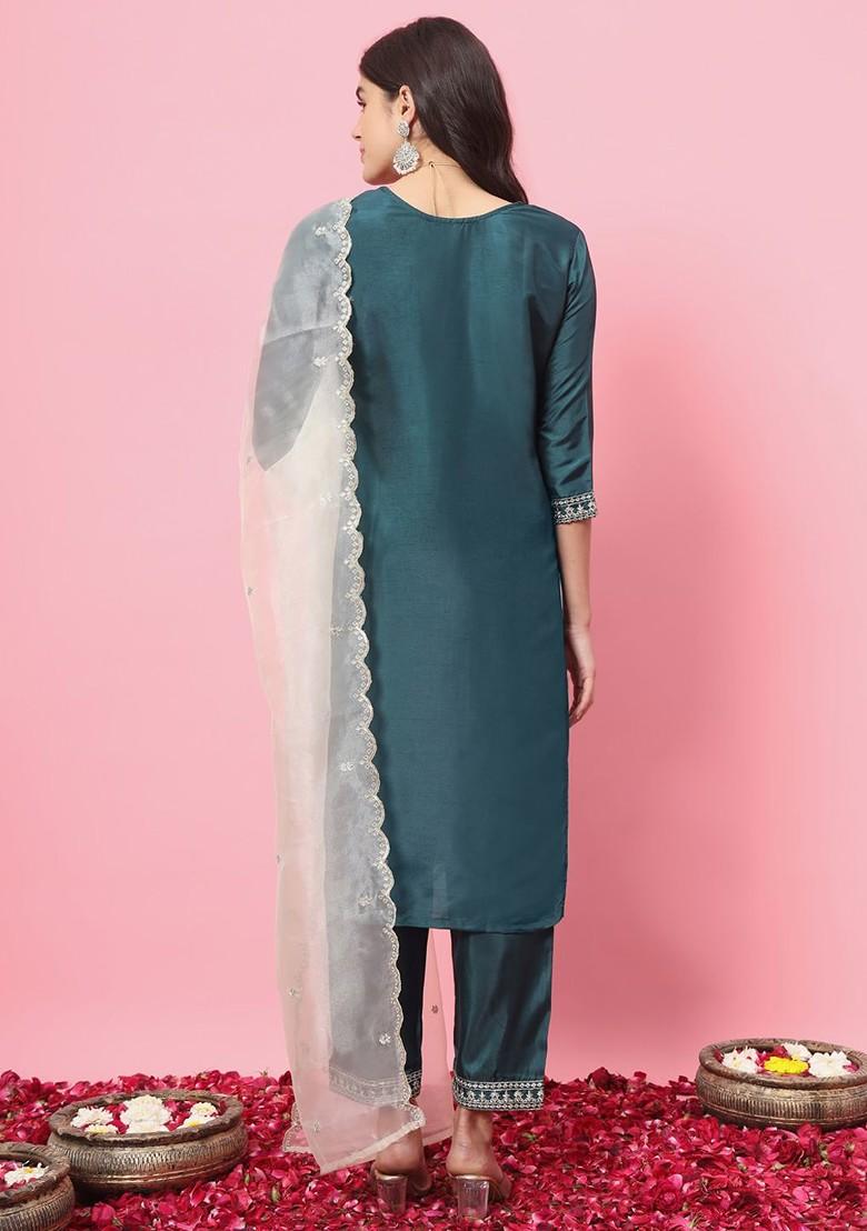 Green Floral Embroidered Poly Blend Kurta Set