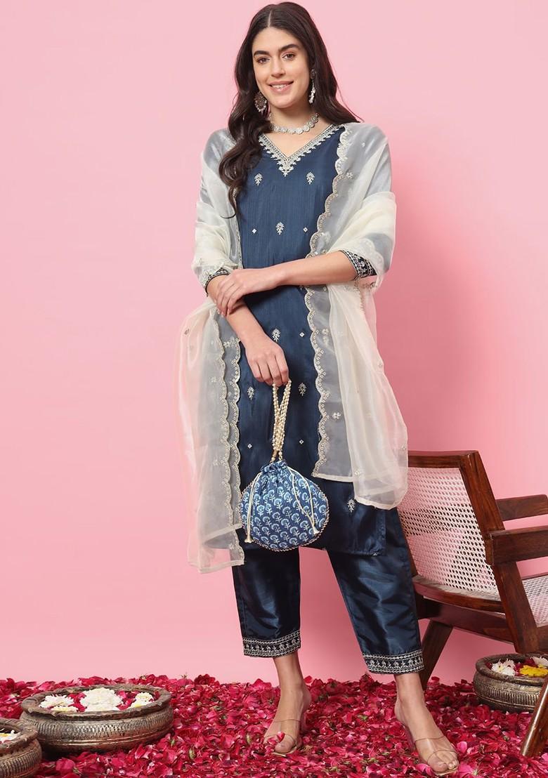 Blue Ethnic Motifs Embroidery Poly Blend Kurta Set