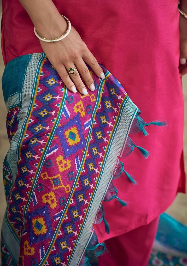 Pink Zari Embroidered Poly Blend Kurta Set