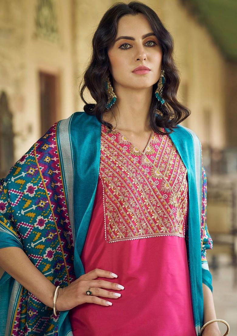 Pink Zari Embroidered Poly Blend Kurta Set