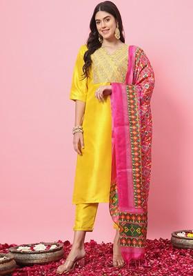Yellow Floral Embroidered Poly Blend Kurta Set