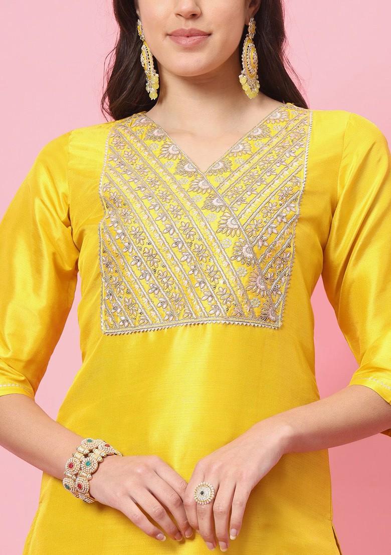 Yellow Floral Embroidered Poly Blend Kurta Set