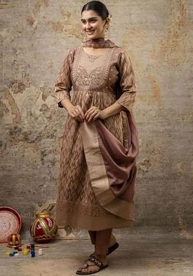 Brown Floral Embroidered Silk Kurta Set