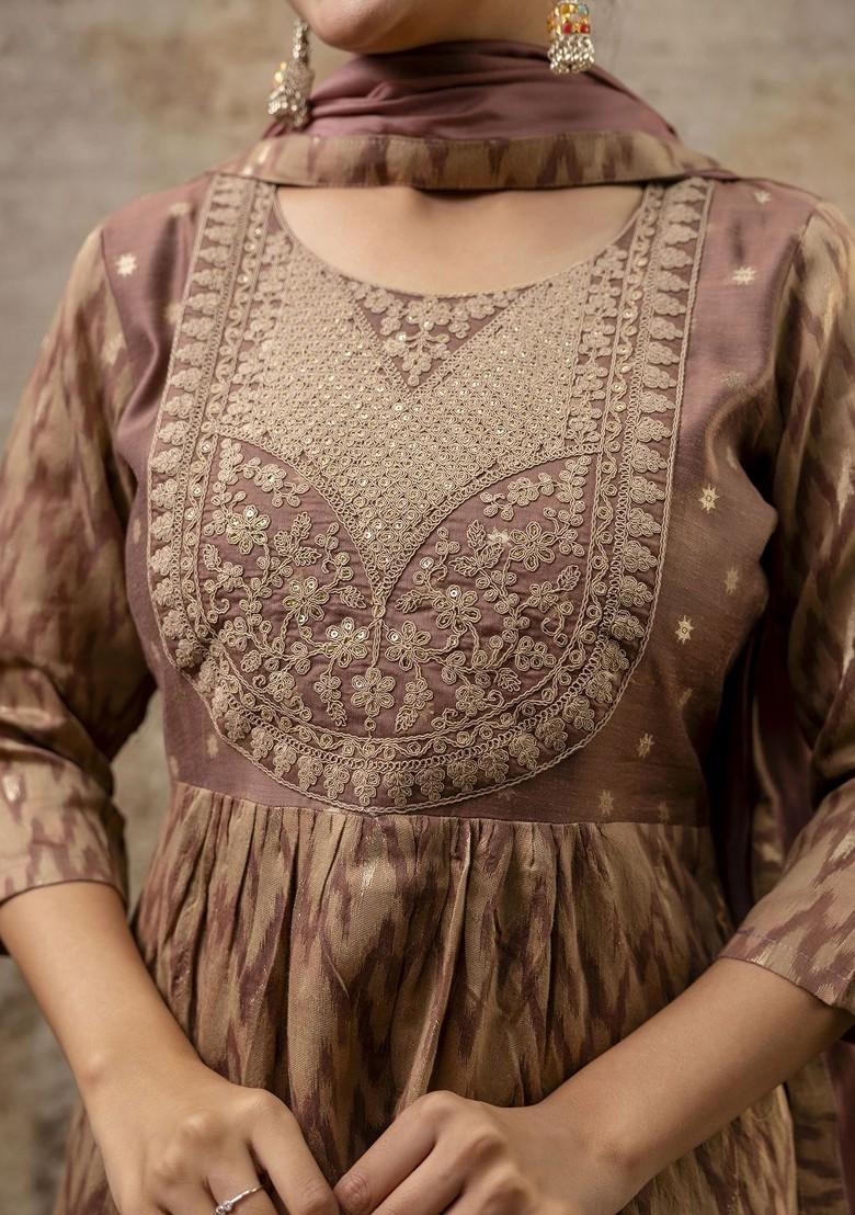 Brown Floral Embroidered Silk Kurta Set