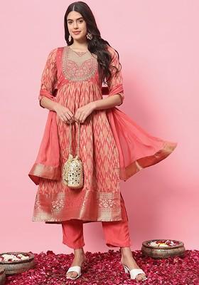 Peach Floral Embroidered Poly Blend Kurta Set