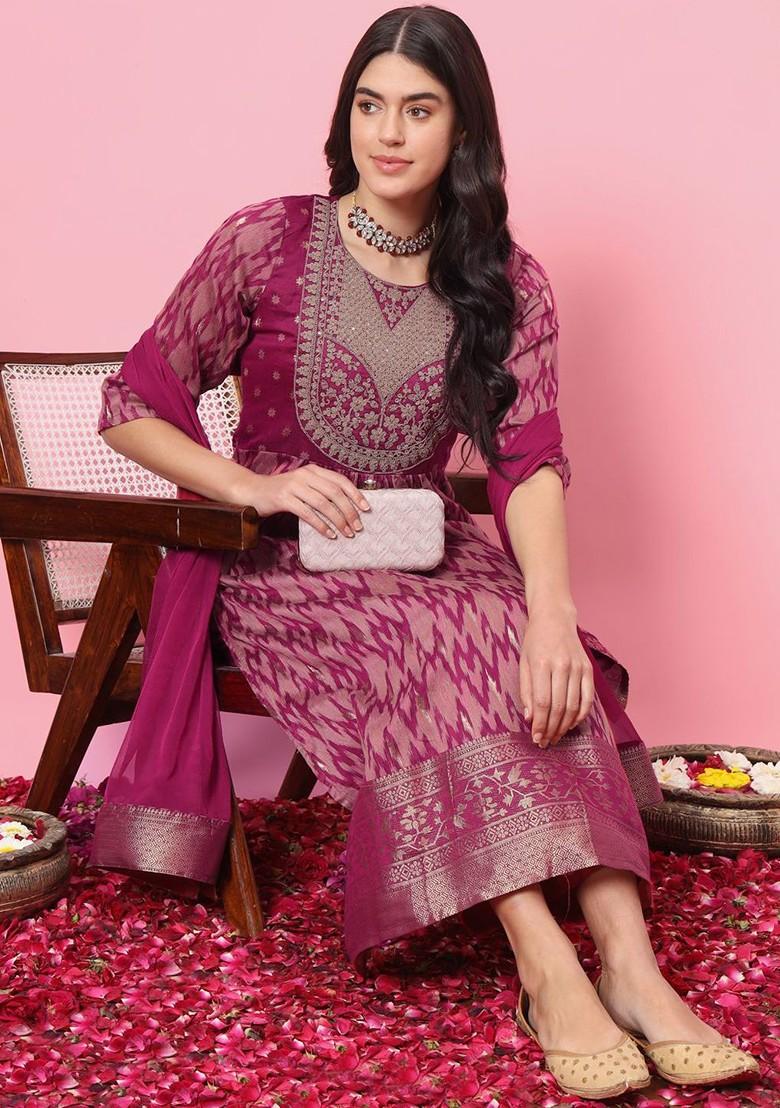 Purple Floral Embroidered Poly Blend Kurta Set