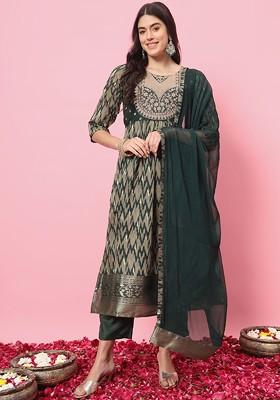 Green Ethnic Motifs Embroidery Poly Blend Kurta Set